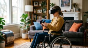 Woman in a wheelchair using VR headset and controlers