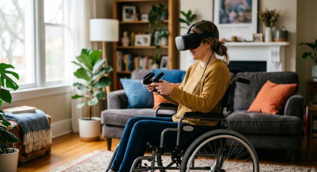 Woman in a wheelchair using VR headset and controlers